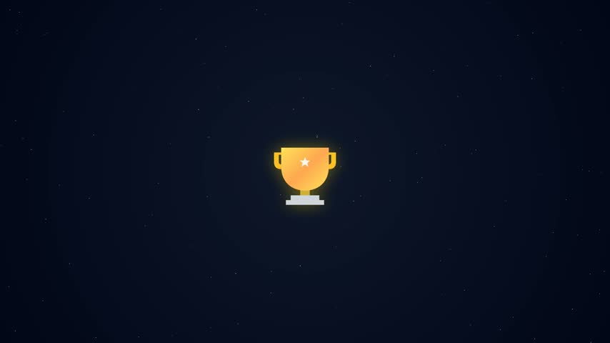 Minimalist flat vector illustration of glowing golden trophy cup star award icon on starry dark background for winner concept.