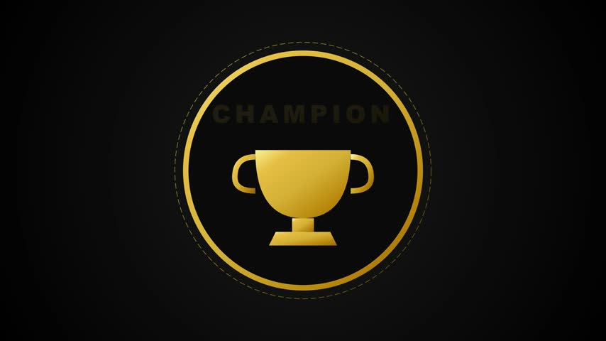 Minimalist flat vector illustration of a gold champion trophy cup in circle badge emblem on dark background for victory and achievement concept.