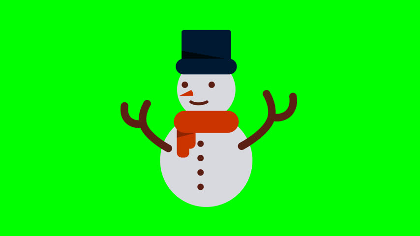 Animated cartoon snowman with scarf and hat, waving its stick arms on a green screen. Perfect for holiday projects.
