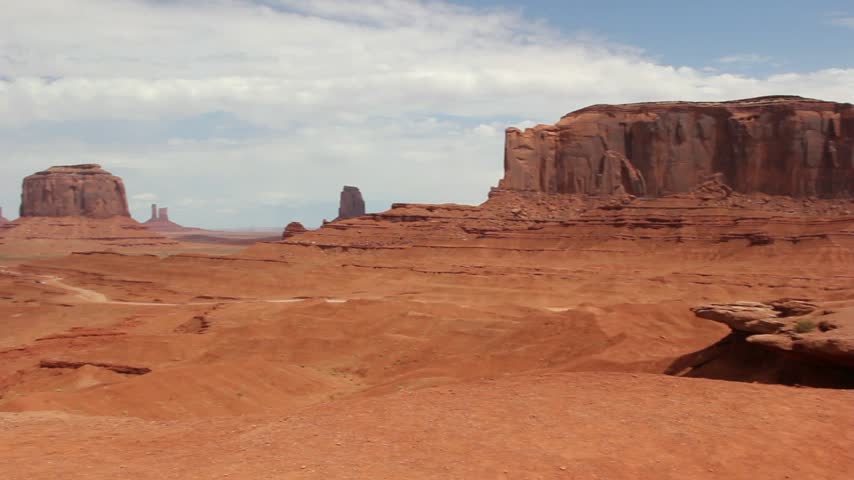 Pan across red sandstone mesas and buttes in Monument Valley. Arizona, USA.