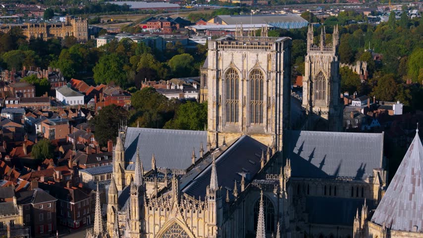 Close aerial shot of central tower and roof of York Minster