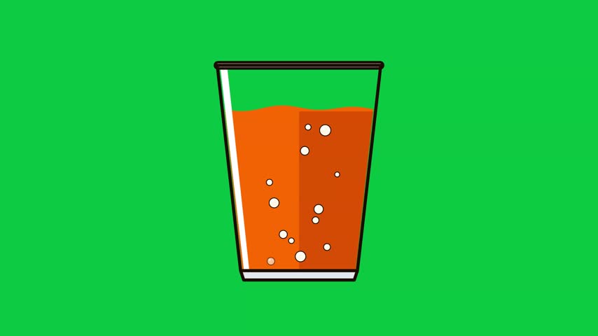 An animated flat vector illustration of a glass filled with orange carbonated beverage, featuring rising bubbles on a solid green background.