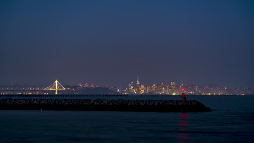 San Francisco skyline and Bay Bridge at dusk
