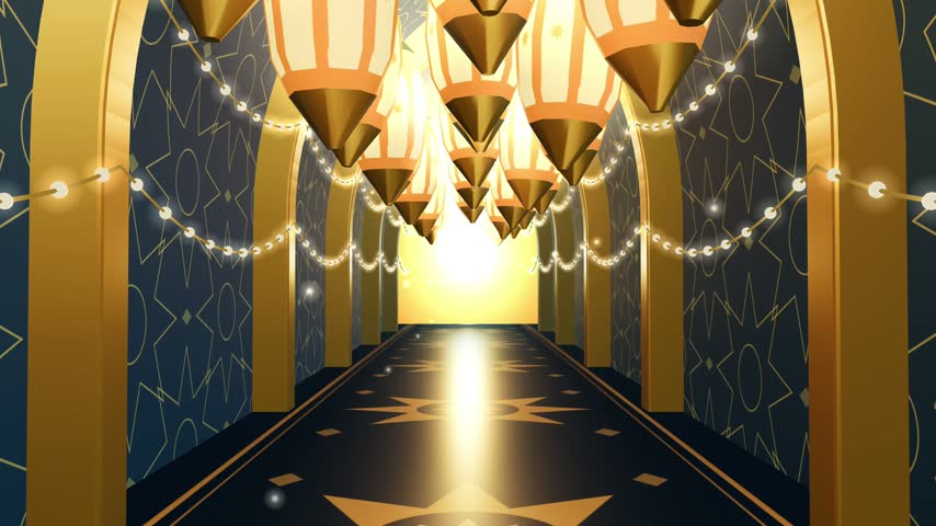 A luxurious golden arched hallway with glowing string lights and geometric patterns in a dark blue setting.