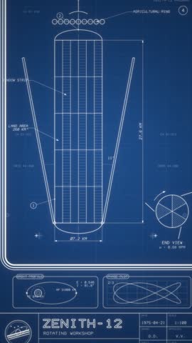 Glowing retro 1970s spacecraft blueprints loop seamlessly on blue in vertical format. Vintage technical drawings of satellites and rockets suit sci-fi and retro-futuristic projects.