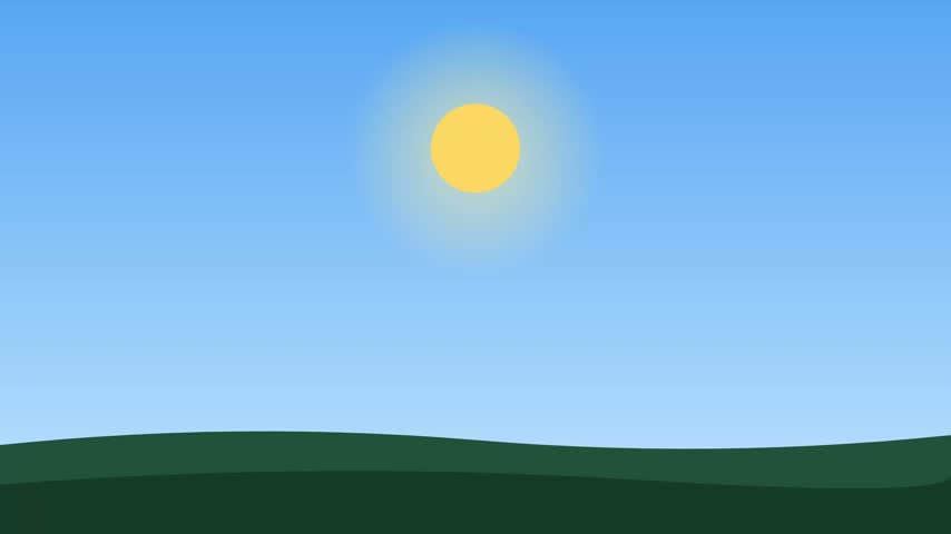 A simple flat vector illustration of a bright yellow sun shining in a clear blue sky above a minimalist green grassy landscape field.
