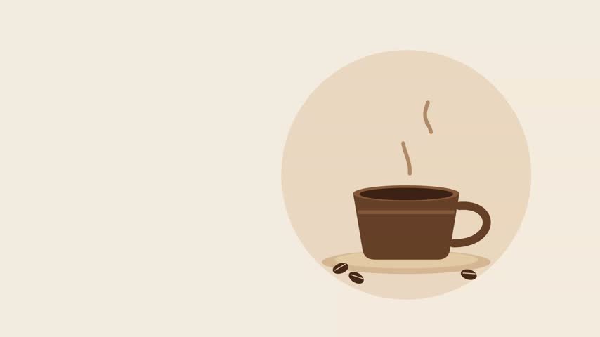 A simple flat vector illustration of a warm coffee cup with steam rising, accompanied by scattered coffee beans, perfect for cafe or breakfast themes.