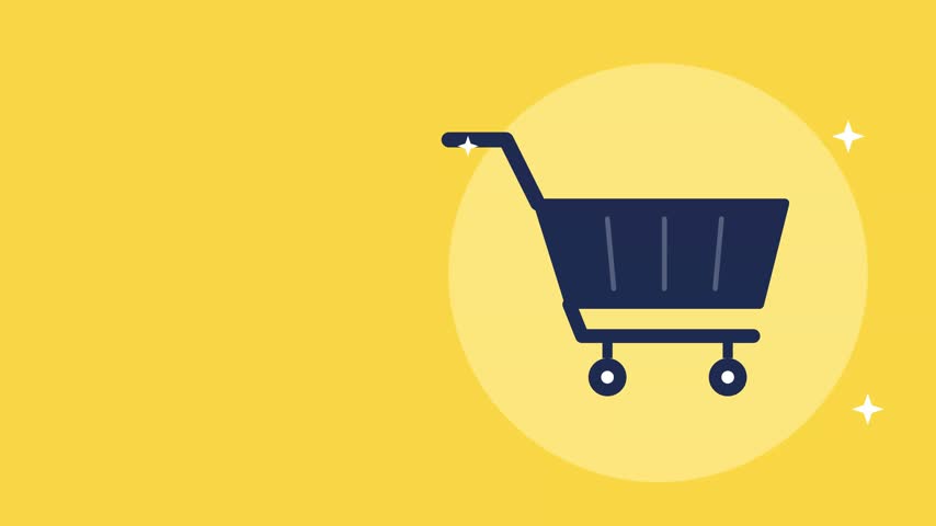 A flat vector illustration of a shopping cart icon set against a clean yellow circle, perfect for e-commerce, digital retail, and checkout buttons.