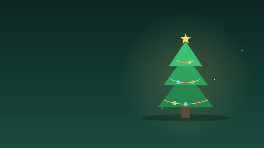 A simple and modern flat design vector illustration featuring a stylized Christmas tree decorated with colorful lights and a yellow star, set against a dark moody green background, perfect for holiday greeting cards and festive web graphics.