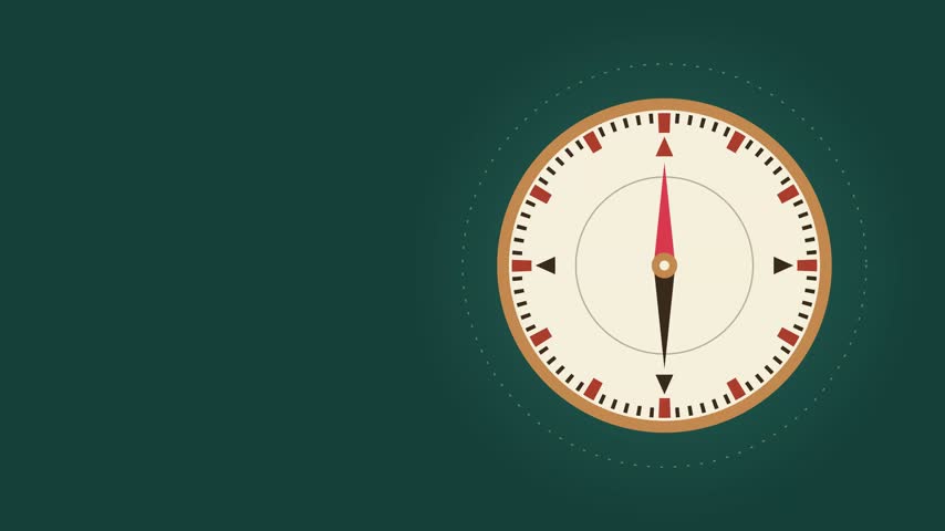 A clean, flat vector illustration of a vintage nautical compass icon featuring a red and black needle on a cream face set against a dark green background.