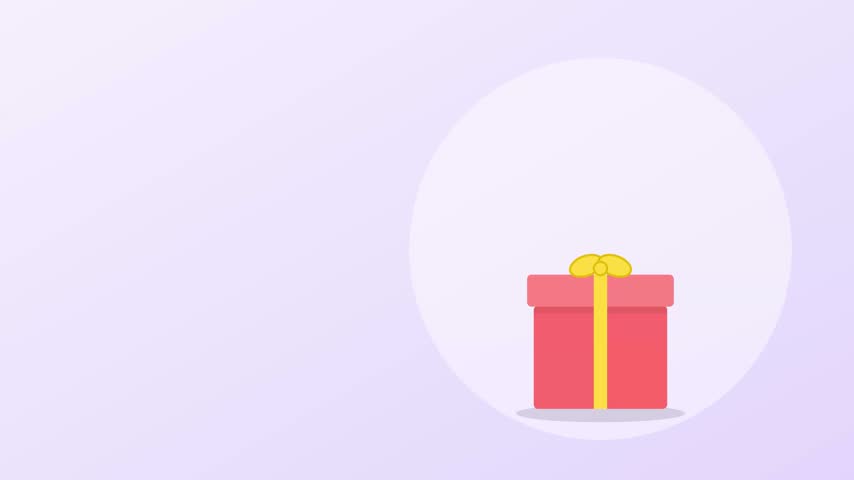 A flat vector illustration of a festive red gift box decorated with a bright yellow ribbon and bow, centered on a simple soft purple circular background.