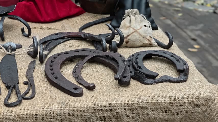 A table filled with various horseshoes.