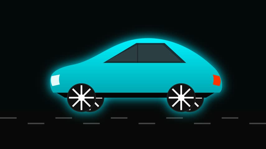 Blue neon animated car line art driving on dark road background