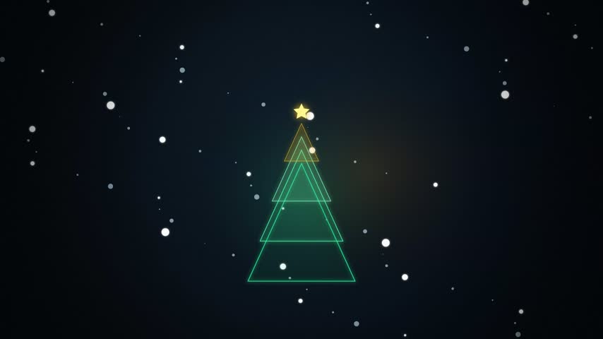Stylized geometric glowing Christmas tree vector illustration with golden star and falling snow for advent calendar holiday design