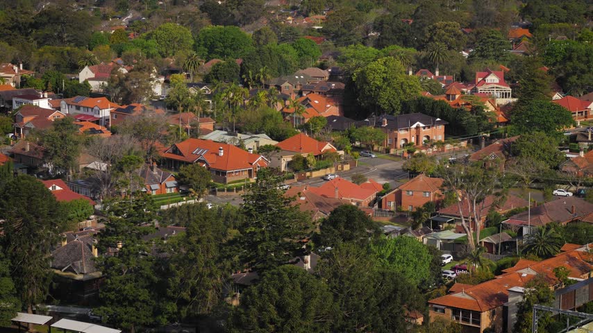 Elevated view residential rooftops in Chatswood, North of Sydney.