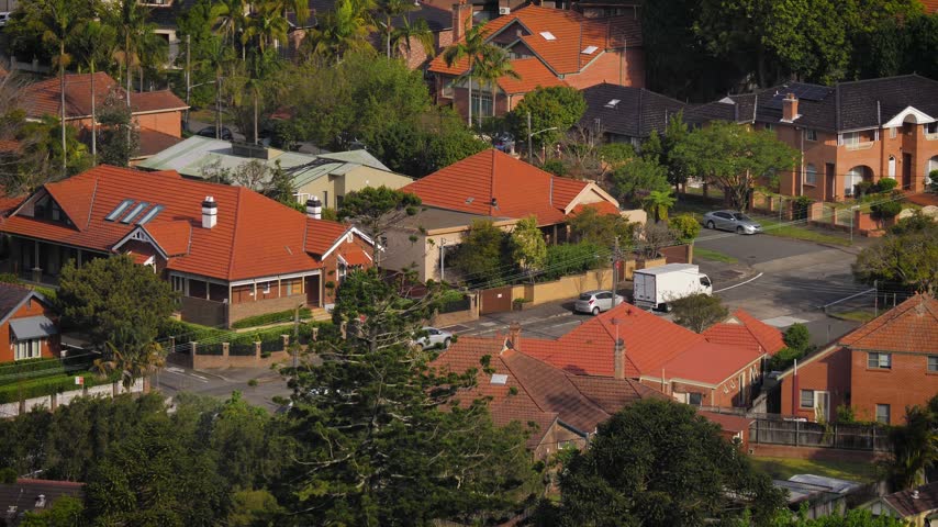 Elevated close view residential rooftops in Chatswood, North of Sydney.