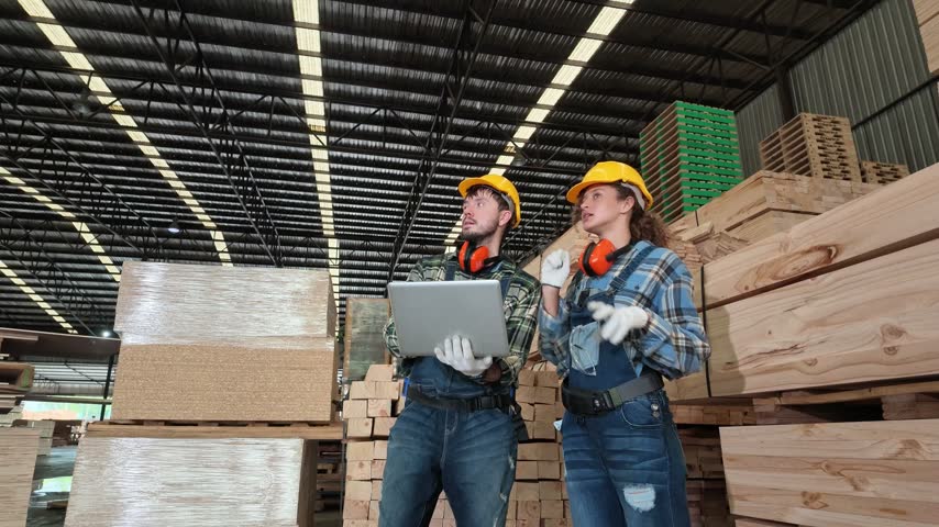 Two industrial workers in safety helmets inspect timber stock with a tablet inside a large woodworking factory, highlighting teamwork, technology, construction materials, and warehouse operations.