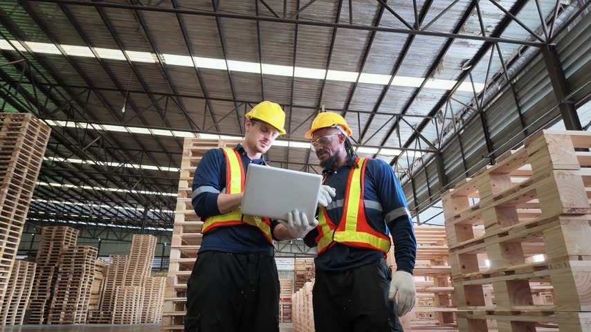 Two industrial workers in safety helmets and reflective vests review production data on a laptop inside a large wooden pallet manufacturing warehouse.