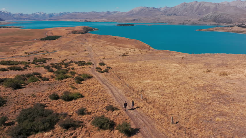 Two hikers appear small on a hillside trail above vivid blue Lake Tekapo, New Zealand. Golden grassland, a curved shoreline and distant mountains fill the broad aerial view.