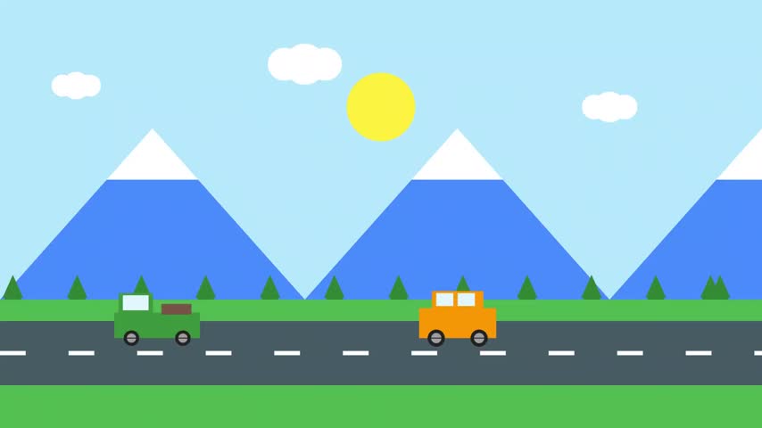 Flat illustration of cars driving on a road with mountains