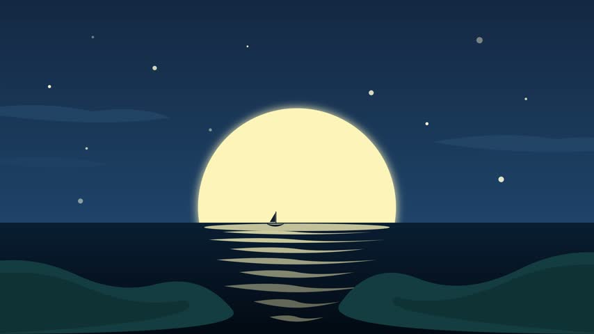 Minimalist animated night seascape featuring a large glowing full moon rising above the ocean horizon, with a small sailboat silhouetted against the moonlight, gentle water reflections, distant coastal landforms, and stars scattered across a deep blue sky.
