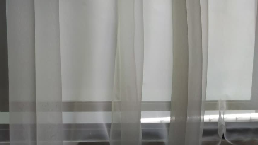 Landscape view of white sheer curtain blowing in wind by open window