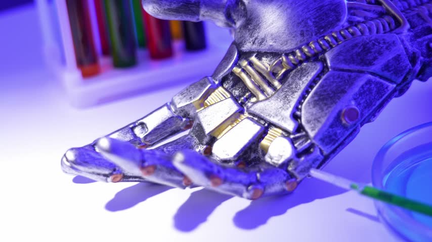 Close-up of a metallic robotic hand. Blue light glows on the surface. Visible mechanical joints and wires. Clean lab background with colored tubes. Ideal for science fiction projects