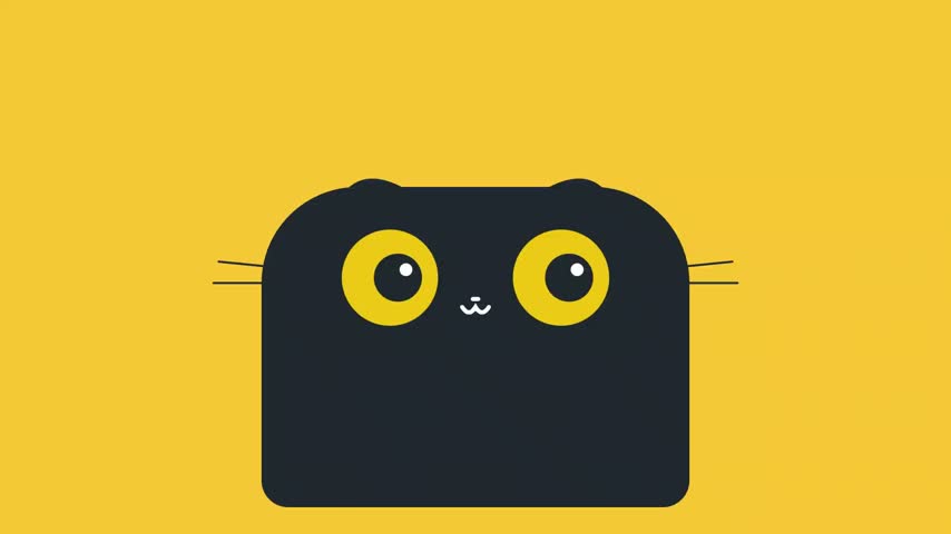 Minimalist illustration of a black cat face on yellow background