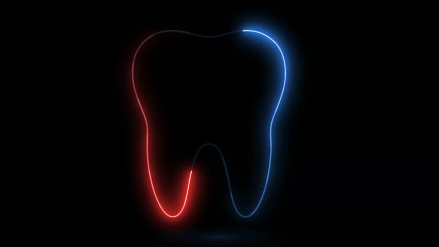 A glowing neon tooth outline animates with blue and red lights on a dark black background loop.