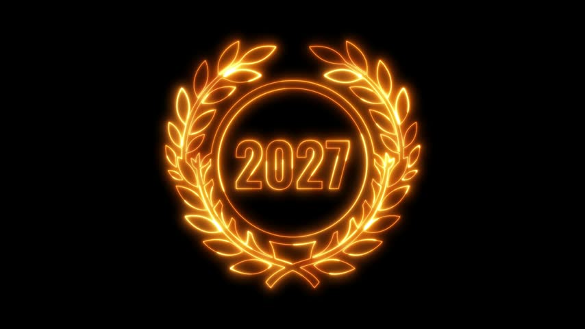 Glowing Gold 2027 Happy New Year Saber Neon Laurel Wreath Crest Victory Garland Animation Loop 4K Celebration Video Footage