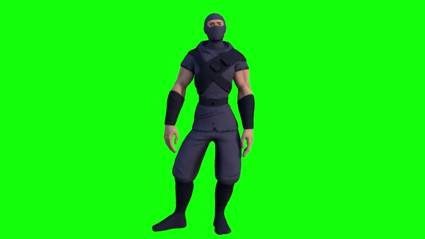 This video features a 3D animated ninja character wearing traditional dark clothing performing fluid martial arts combat strikes against a solid green screen
