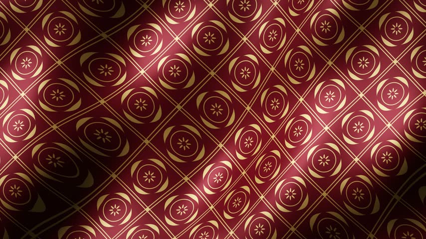 Seamless looping 4K waving burgundy red silk fabric with gold damask pattern, luxury satin cloth background