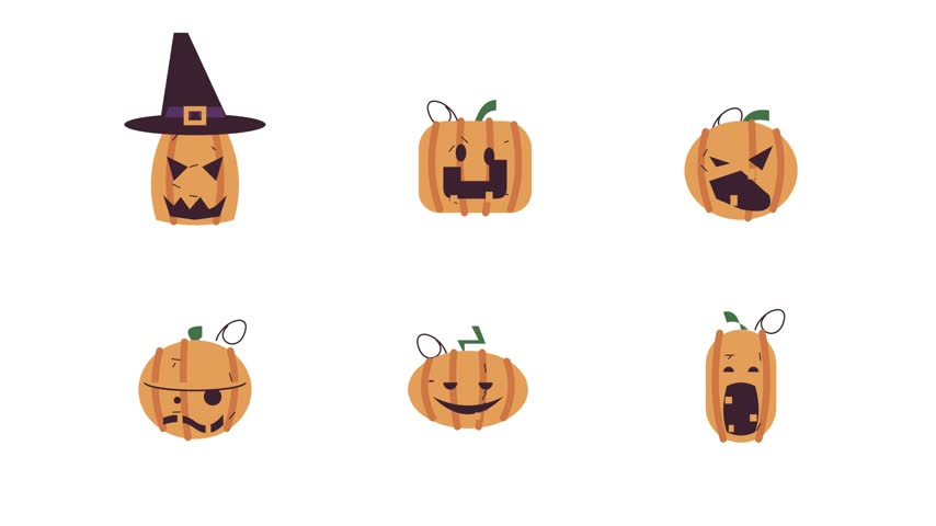 A collection of six cartoon Halloween pumpkins or jack-o