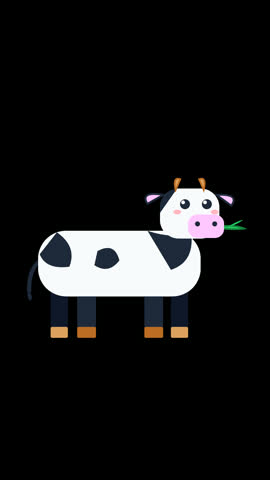 Cute cartoon cow chewing grass, 9:16 vertical transparent alpha channel vector animated cow loop