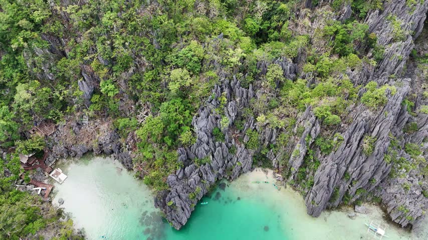 Aerial View of Limestone Cliffs and Sandy Coves in El Nido, Philippines