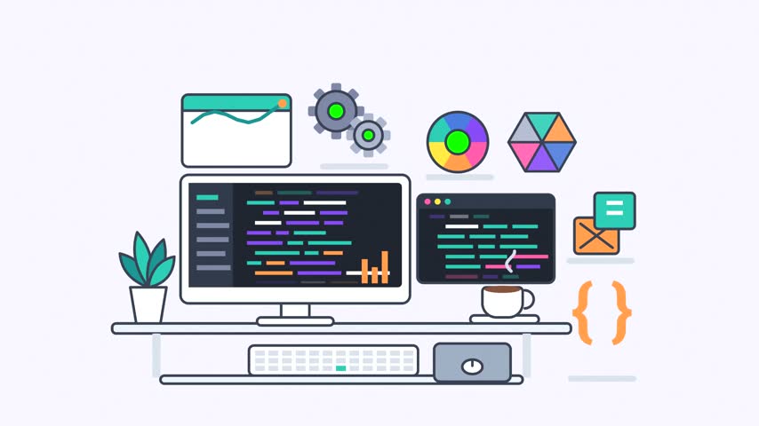 Flat vector illustration of a developer workspace featuring computer monitors with code and creative design elements.