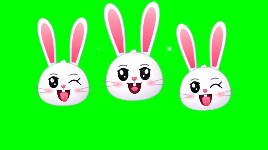 Three adorable animated white bunny faces feature large expressive eyes and rosy cheeks. The cheerful characters smile widely while blinking against a vivid chroma key backdrop. Small glowing sparkles float gently between the joyful animal illustrations. This playful vector style animation offers a bright mood suitable for whimsical creative projects.