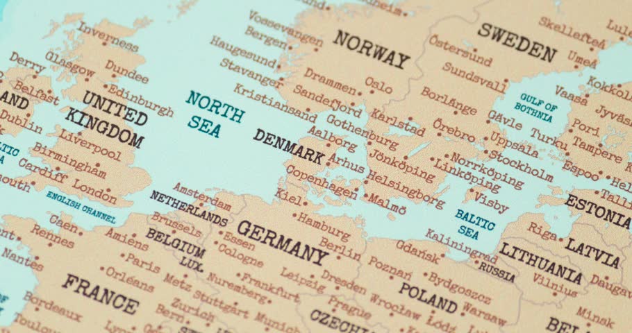 Zoom in view of denmark on a vintage political world map