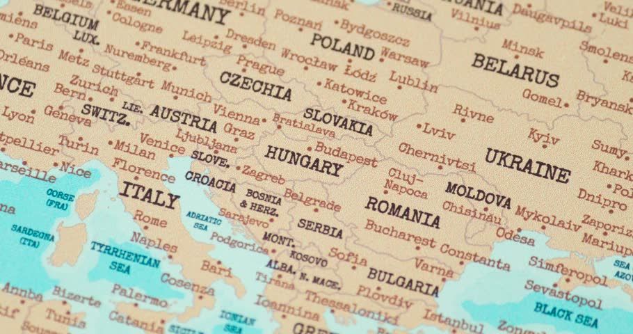 Zoom in view of hungary on a vintage political world map