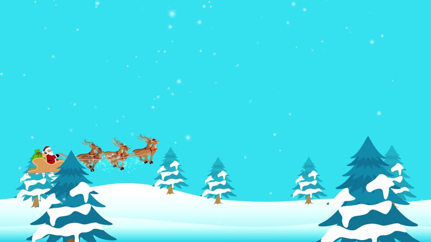 Cartoon Santa Claus rides a sleigh pulled by flying reindeer over a snowy evergreen forest. Ideal for Christmas greetings, children