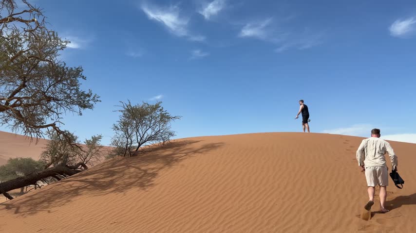 Static handheld low angle view from behind of two men climbing a red sand dune to the crest in sunny afternoon light, Sossusvlei, Namib Desert, Namibia