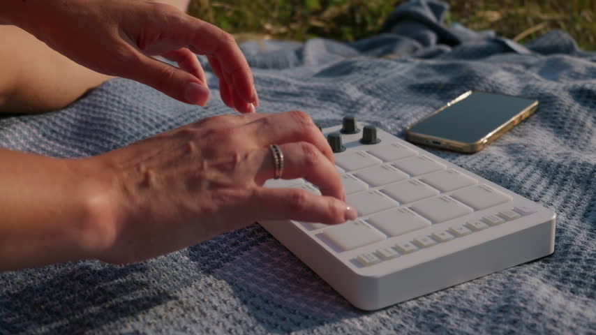 Hands play a white portable MIDI controller on a blanket outdoors in nature during leisure time. Concept of creative freedom, artistic expression, relaxation, and music production in a park.