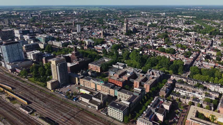 Aerial view of the city and old town Utrecht in the Netherlands  on a sunny day in Spring 