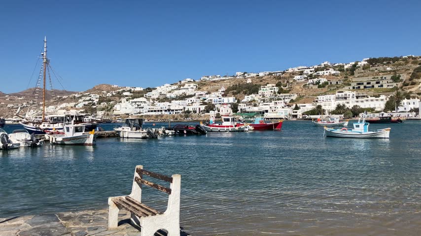 Fishing boats in the old port of Mykonos town, Greece