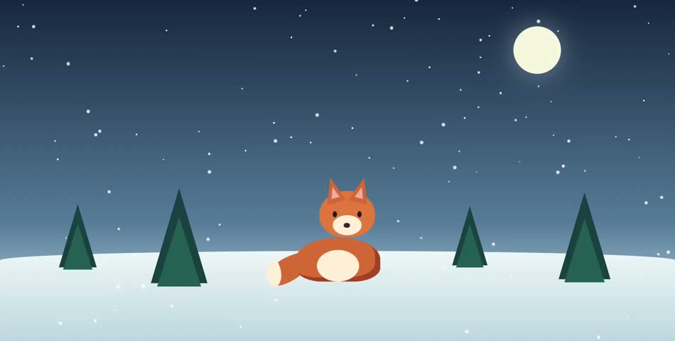 A cute orange fox resting in a peaceful winter forest under the moonlight. Snow gently falls around the fox as its tail moves softly, creating a cozy and magical winter atmosphere. Perfect for winter backgrounds, nature animations, wildlife themes, and holiday projects.