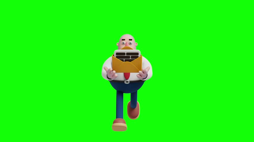 3D illustration of a cartoon businessman running forward holding a large open envelope with a document on a green screen. Ideal for email, delivery, and messaging concepts.