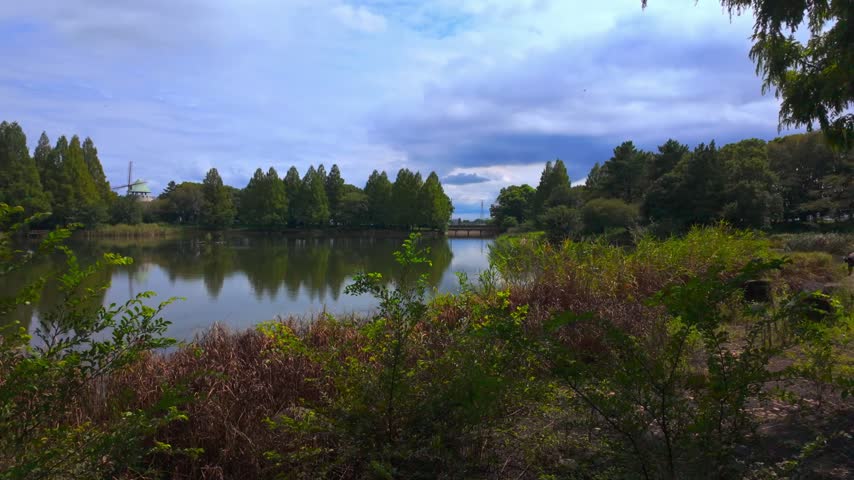 Tranquil park landscape in Japan featuring a calm lake reflecting green trees and a distant windmill under a partly cloudy sky.