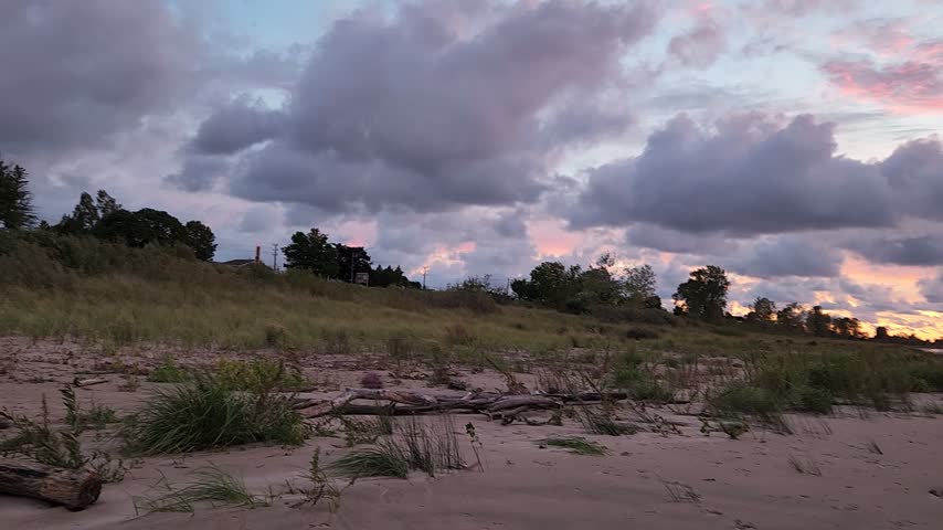 panorama of sunrise on lake Michigan, Manitowoc, wi