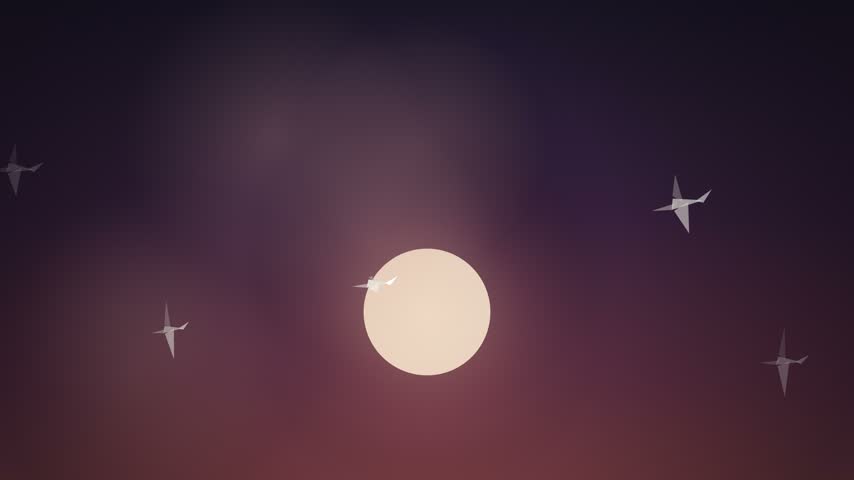 Stylized origami cranes glide across a glowing sunset sky with drifting clouds and a warm gradient background