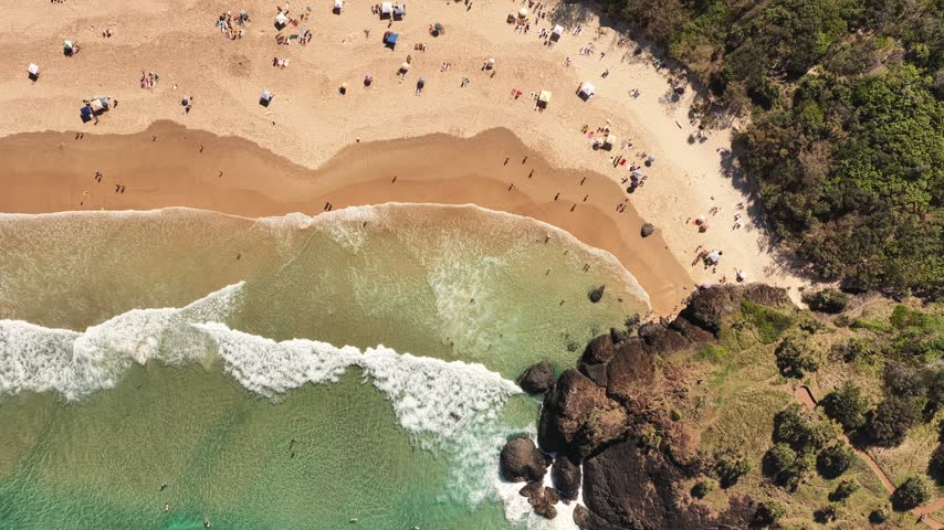 Top down aerial drone view of swimmers and sunbathers at Dreamtime Beach, Fingal Head, Australia. Figures scatter across wet sand beside dark rock. A summer day on the Tweed Coast.